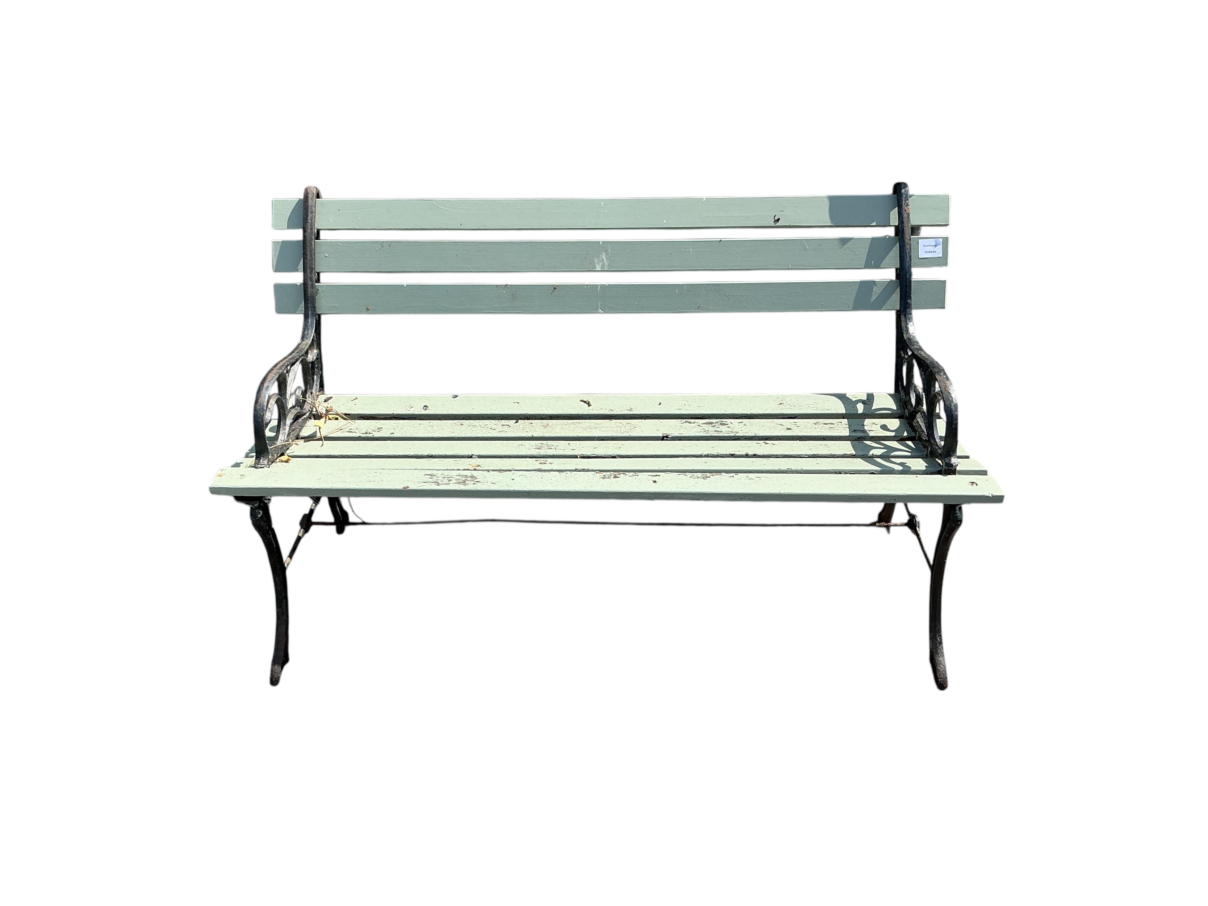 A cast metal slatted wood garden bench, width 122cm, depth 48cm, height 68cm
